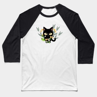 Black Cat With Flowers Baseball T-Shirt